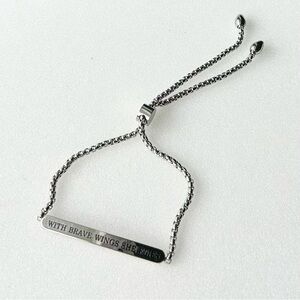 SLIDER ID Type Bracelet With Brave Wings She Flies Quote up to 10” Silver Tone